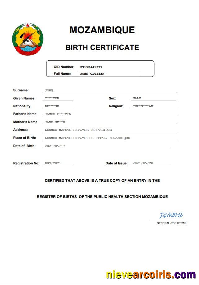 Mozambique birth certificate